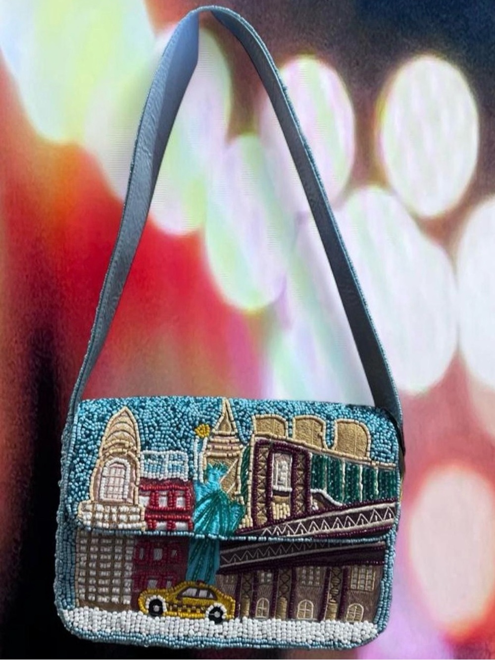NWT Beaded NYC Cityscape Teal Shoulder Bag